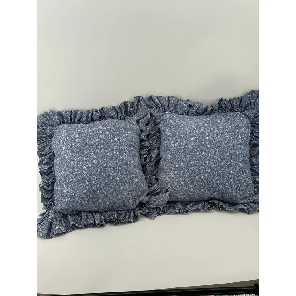 Quilted Floral Throw Pillows Pair Ruffle Lace Trim Blue Pink Cottage Vintage